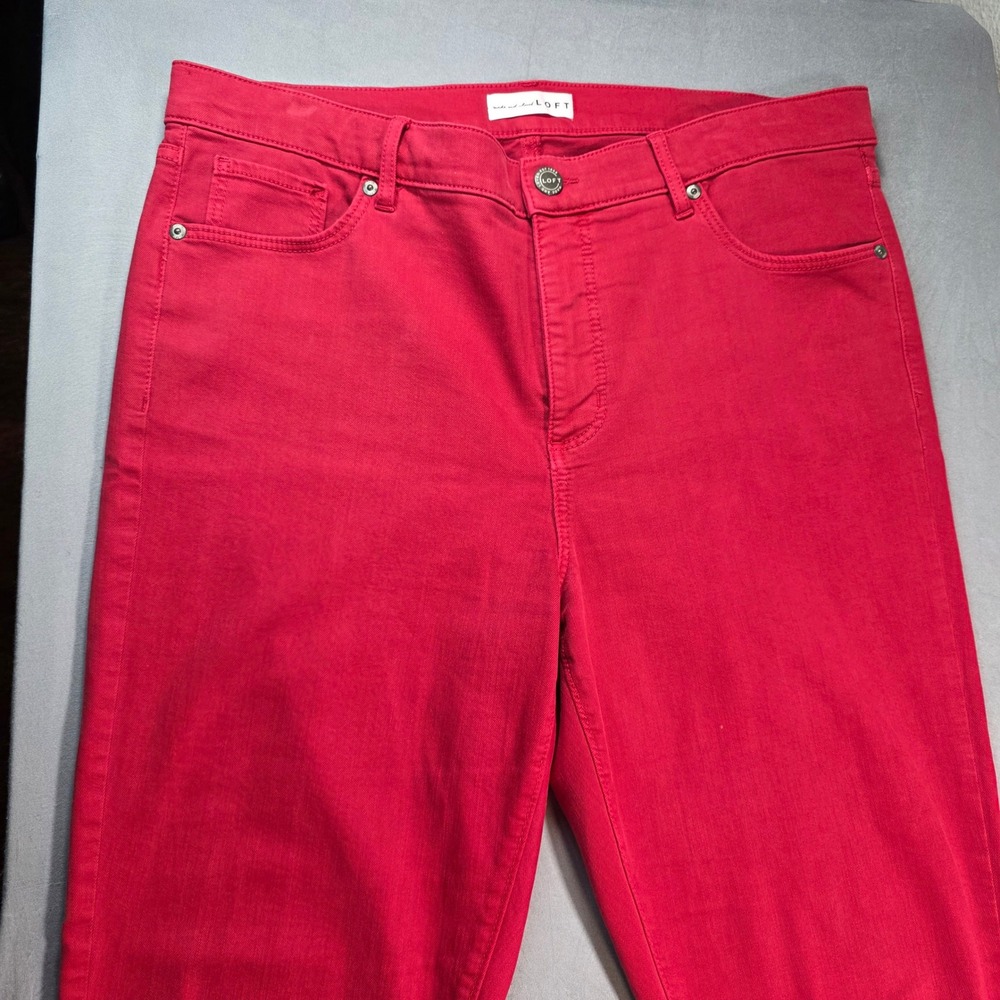 LOFT Red/Pink Skinny Jeans Raw Fringe Hem High Rise Size 14 (32) Slim Denim - Picture 5 of 11